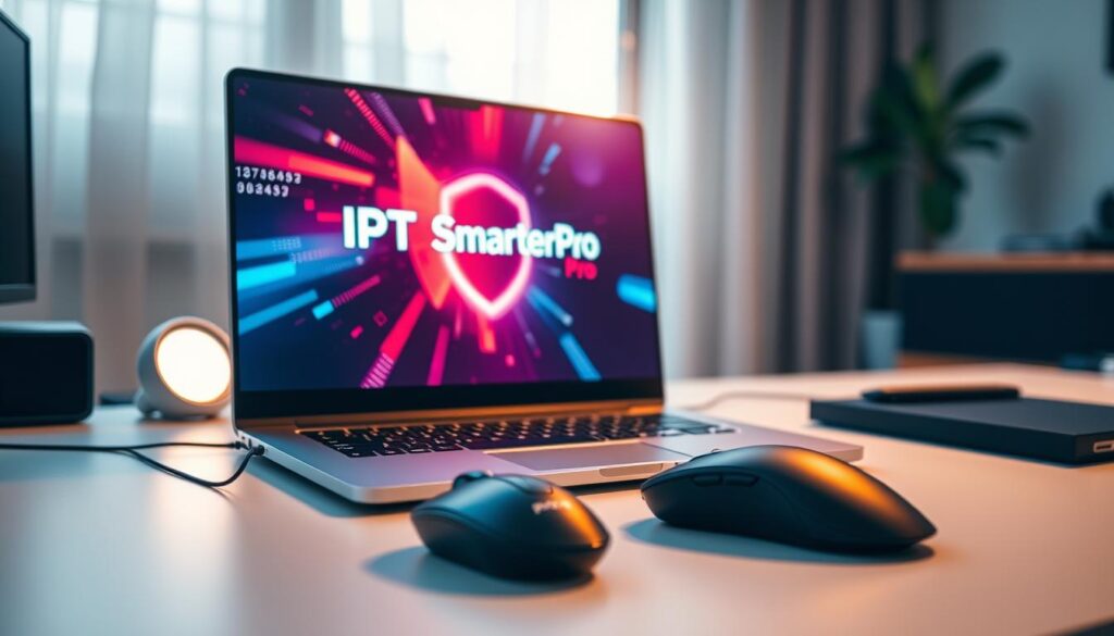 A modern computer desk setup featuring a sleek laptop with the IPTV Smarters Pro logo displayed on the screen, illuminated by soft, warm desk lighting. In the foreground, a stylish mouse and an ergonomic keyboard rest on a smooth surface, evoking a sense of professionalism. The middle ground highlights a vibrant, abstract wallpaper on the laptop that suggests digital innovation and security. In the background, a blurred window with natural light streaming in creates an inviting atmosphere. The overall mood is one of focus and technological advancement, suggesting a seamless and secure downloading process for IPTV Smarters Pro on Windows. The image should be visually engaging, emphasizing the themes of safety and ease of installation in a tech-savvy environment. A modern computer desk setup featuring a sleek laptop with the IPTV Smarters Pro logo displayed on the screen, illuminated by soft, warm desk lighting. In the foreground, a stylish mouse and an ergonomic keyboard rest on a smooth surface, evoking a sense of professionalism. The middle ground highlights a vibrant, abstract wallpaper on the laptop that suggests digital innovation and security. In the background, a blurred window with natural light streaming in creates an inviting atmosphere. The overall mood is one of focus and technological advancement, suggesting a seamless and secure downloading process for IPTV Smarters Pro on Windows. The image should be visually engaging, emphasizing the themes of safety and ease of installation in a tech-savvy environment.