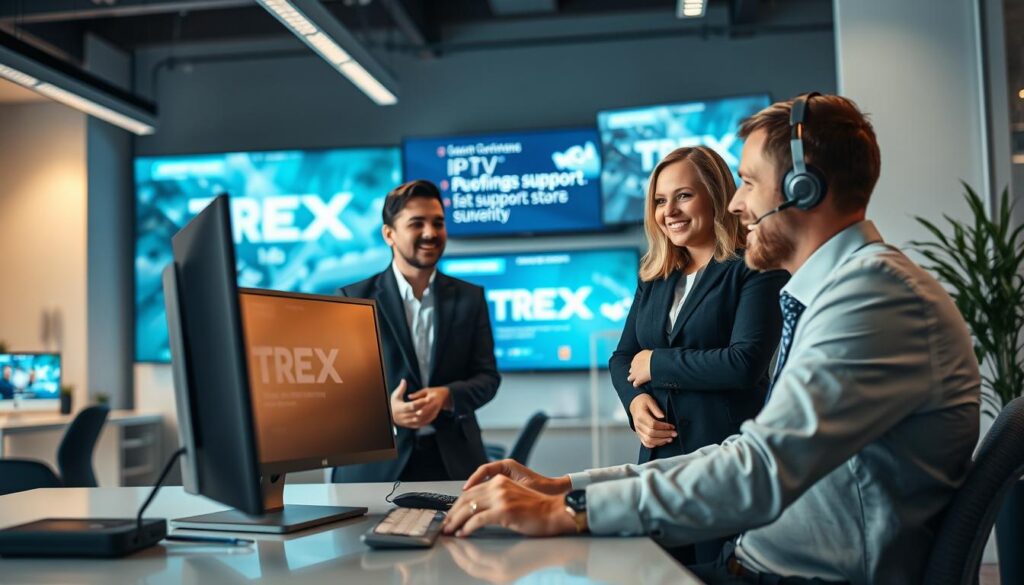 A modern customer support scene depicting a professional representative assisting a client with TREX IPTV. In the foreground, a friendly representative in business attire sits at a sleek desk, focused on a computer screen displaying the TREX IPTV interface. The middle layer features a client, also dressed smartly, engaging with the representative, expressing interest and curiosity. Soft, ambient lighting creates a welcoming atmosphere, while the background shows a contemporary office space with digital screens showcasing IPTV content and support materials. The angle is slightly elevated, capturing the interaction between the two individuals while conveying a sense of professionalism and support. The overall mood is informative and reassuring, reflecting an effective customer service experience. A modern customer support scene depicting a professional representative assisting a client with TREX IPTV. In the foreground, a friendly representative in business attire sits at a sleek desk, focused on a computer screen displaying the TREX IPTV interface. The middle layer features a client, also dressed smartly, engaging with the representative, expressing interest and curiosity. Soft, ambient lighting creates a welcoming atmosphere, while the background shows a contemporary office space with digital screens showcasing IPTV content and support materials. The angle is slightly elevated, capturing the interaction between the two individuals while conveying a sense of professionalism and support. The overall mood is informative and reassuring, reflecting an effective customer service experience.