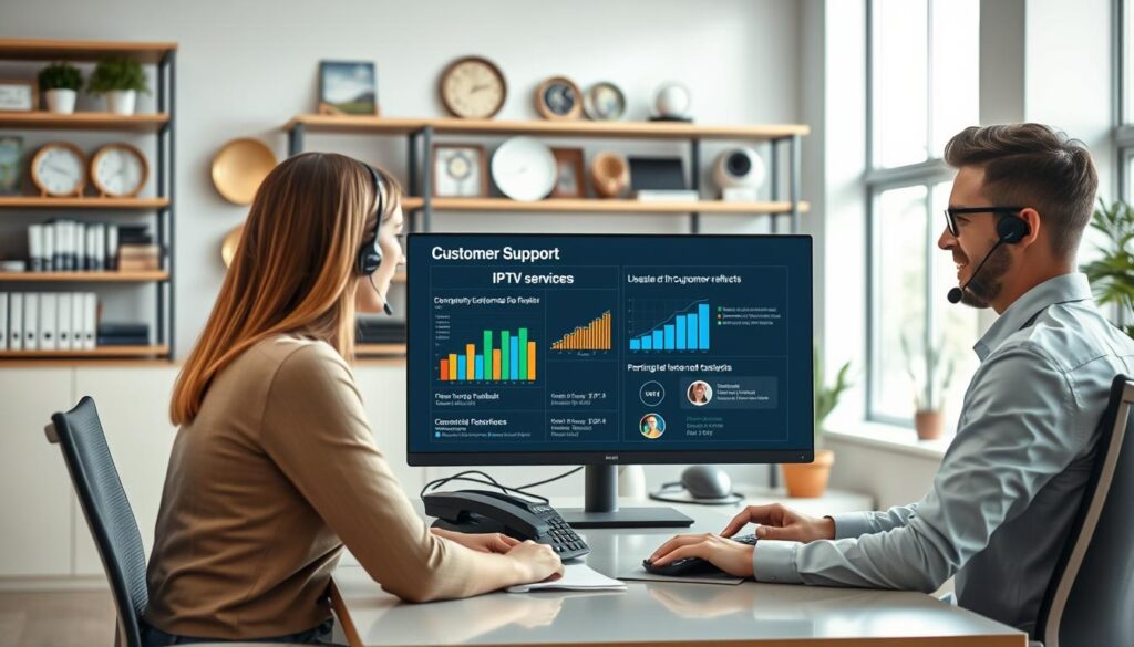 A modern customer support scene set in a bright, open office. In the foreground, a professional-looking customer service representative, dressed in business attire, is attentively listening to a client on a headset. The representative is seated at a sleek, contemporary desk filled with a computer, phone, and notes. In the middle, an interactive screen displays technical information about IPTV services, showcasing graphs and customer feedback. The background features shelves stocked with industry awards and educational resources, symbolizing expertise and reliability. Soft, natural lighting floods the room through large windows, creating a warm and inviting atmosphere. The image conveys a sense of trust, professionalism, and commitment to quality service.