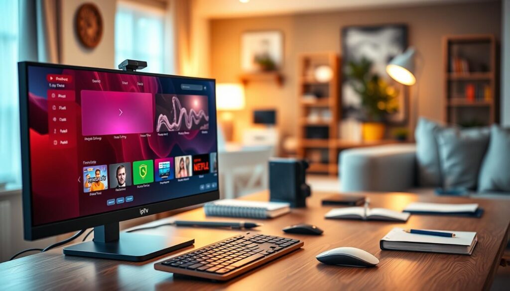 A modern desktop setup showcasing the advanced configuration interface of IPTV Smarters Pro, featuring a clear and user-friendly EPG (Electronic Program Guide). In the foreground, a high-resolution computer screen displays vibrant grids and icons representing multiple TV profiles, arranged neatly for easy navigation. A stylish, minimalist keyboard and mouse sit nearby. The middle ground includes a well-organized workspace with notebooks and tech gadgets, under soft, ambient lighting. In the background, a blurred image of a cozy home environment with warm colors enhances the inviting atmosphere. The scene captures a professional and focused mood, emphasizing the simplicity of advanced configuration for users. The image should be bright, well-lit, and free from any text or branding. A modern desktop setup showcasing the advanced configuration interface of IPTV Smarters Pro, featuring a clear and user-friendly EPG (Electronic Program Guide). In the foreground, a high-resolution computer screen displays vibrant grids and icons representing multiple TV profiles, arranged neatly for easy navigation. A stylish, minimalist keyboard and mouse sit nearby. The middle ground includes a well-organized workspace with notebooks and tech gadgets, under soft, ambient lighting. In the background, a blurred image of a cozy home environment with warm colors enhances the inviting atmosphere. The scene captures a professional and focused mood, emphasizing the simplicity of advanced configuration for users. The image should be bright, well-lit, and free from any text or branding.
