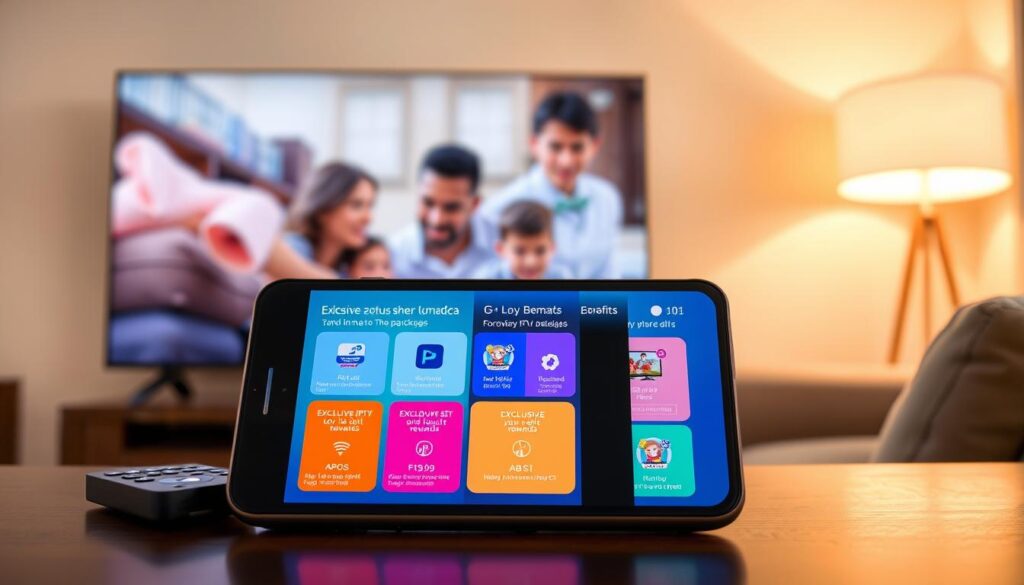 A modern digital interface displaying special offers and loyalty benefits for Xenon IPTV. In the foreground, showcase a vibrant smartphone or tablet with a colorful, visually engaging app interface highlighting various IPTV packages, including icons for exclusive discounts and loyalty rewards. In the middle, incorporate elements like a TV remote or a sleek television set, reflecting a cozy living room ambiance. The background should feature a relaxed family environment, with warm lighting enhancing the inviting atmosphere. Emphasize a sense of accessibility and convenience associated with streaming services. Use a slightly elevated angle to capture the scene, with a focus on clarity and inviting colors that suggest excitement and satisfaction. A modern digital interface displaying special offers and loyalty benefits for Xenon IPTV. In the foreground, showcase a vibrant smartphone or tablet with a colorful, visually engaging app interface highlighting various IPTV packages, including icons for exclusive discounts and loyalty rewards. In the middle, incorporate elements like a TV remote or a sleek television set, reflecting a cozy living room ambiance. The background should feature a relaxed family environment, with warm lighting enhancing the inviting atmosphere. Emphasize a sense of accessibility and convenience associated with streaming services. Use a slightly elevated angle to capture the scene, with a focus on clarity and inviting colors that suggest excitement and satisfaction.
