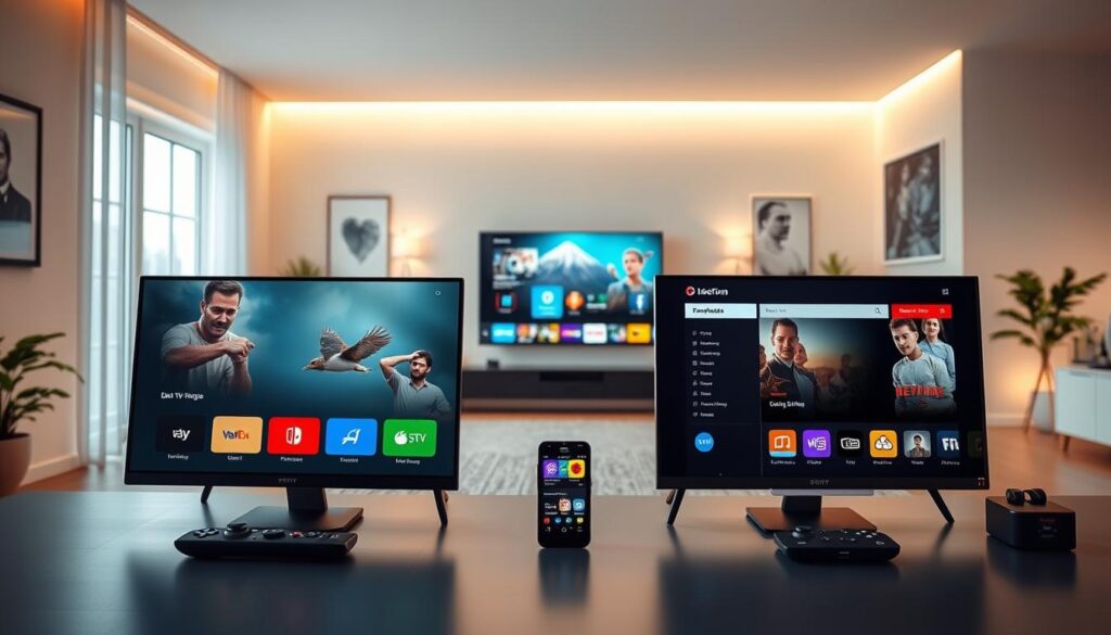 A modern digital landscape showcasing a side-by-side comparison of various IPTV applications. In the foreground, display sleek, intuitive user interfaces from four different IPTV apps, with vibrant icons and colorful themes. The middle ground features a stylish, tech-savvy workspace, including a high-end television displaying streaming content, surrounded by remote controls and smartphones. In the background, a minimalist room is adorned with modern decor and ambient lighting that gives a bright and inviting atmosphere. Use soft, natural lighting to emphasize clarity and focus on the IPTV apps. Capture a mood of innovation and sophistication to engage viewers interested in IPTV alternatives. A modern digital landscape showcasing a side-by-side comparison of various IPTV applications. In the foreground, display sleek, intuitive user interfaces from four different IPTV apps, with vibrant icons and colorful themes. The middle ground features a stylish, tech-savvy workspace, including a high-end television displaying streaming content, surrounded by remote controls and smartphones. In the background, a minimalist room is adorned with modern decor and ambient lighting that gives a bright and inviting atmosphere. Use soft, natural lighting to emphasize clarity and focus on the IPTV apps. Capture a mood of innovation and sophistication to engage viewers interested in IPTV alternatives.