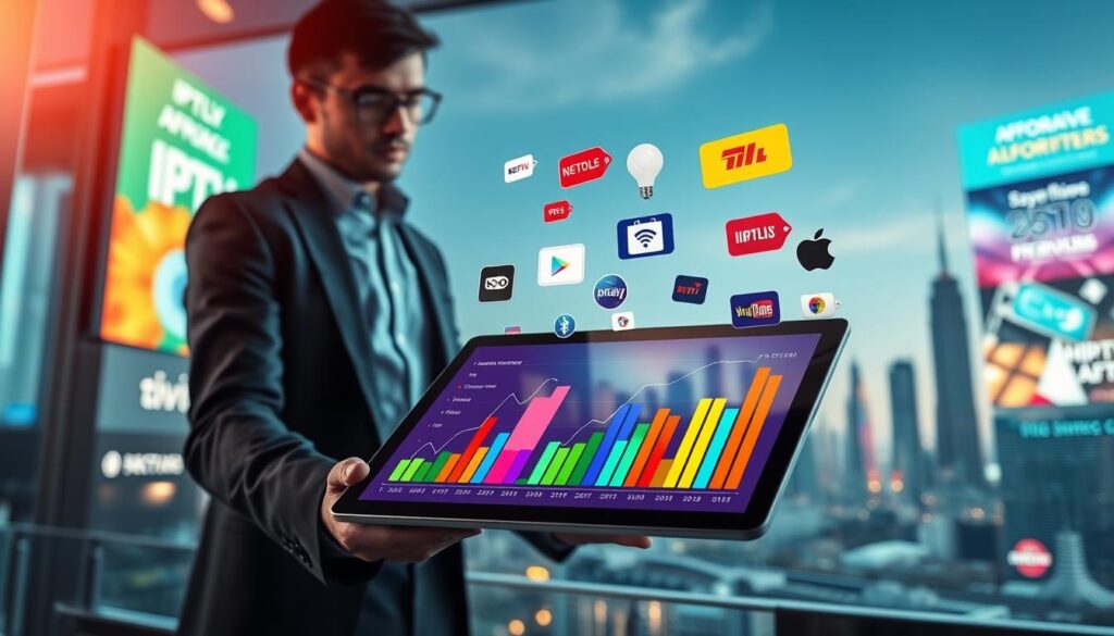 A modern digital landscape showcasing the prices of IPTV subscriptions in 2026. In the foreground, an elegant, sleek tablet displaying colorful graphs and charts that represent subscription price ranges and economic choices, with a professional business person analyzing them, dressed in smart casual attire. The middle ground features floating icons representing various IPTV services, like streaming logos and price tags, creating a vibrant, engaging scene. The background consists of a futuristic city skyline with digital billboards highlighting affordable IPTV options, bathed in soft, natural lighting that conveys a hopeful atmosphere. The composition is angled slightly downward, creating depth, while the overall mood is informative and optimistic, ideal for an expert guide. A modern digital landscape showcasing the prices of IPTV subscriptions in 2026. In the foreground, an elegant, sleek tablet displaying colorful graphs and charts that represent subscription price ranges and economic choices, with a professional business person analyzing them, dressed in smart casual attire. The middle ground features floating icons representing various IPTV services, like streaming logos and price tags, creating a vibrant, engaging scene. The background consists of a futuristic city skyline with digital billboards highlighting affordable IPTV options, bathed in soft, natural lighting that conveys a hopeful atmosphere. The composition is angled slightly downward, creating depth, while the overall mood is informative and optimistic, ideal for an expert guide.