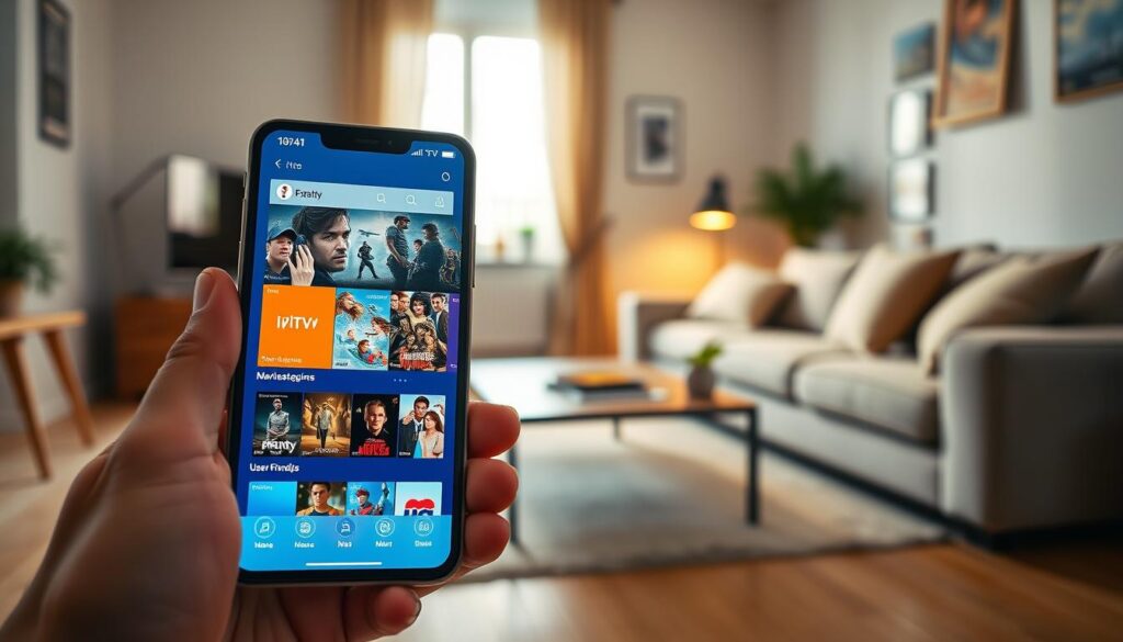 A modern digital user interface showcasing the best IPTV application in France. In the foreground, a sleek smartphone displaying the IPTV app interface, brightly lit with vibrant colors highlighting features like live TV streaming, movie categories, and user-friendly navigation. In the middle, a stylish home setting with soft natural light filtering through a window, with a comfortable couch and subtle decorations in the background. The atmosphere is inviting and tech-savvy, reflecting a contemporary lifestyle. The image captures a high-angle view of the phone, ensuring clarity of the app's vibrant interface against the warm, cozy home environment. The mood is relaxed and engaging, emphasizing the appeal of IPTV entertainment. A modern digital user interface showcasing the best IPTV application in France. In the foreground, a sleek smartphone displaying the IPTV app interface, brightly lit with vibrant colors highlighting features like live TV streaming, movie categories, and user-friendly navigation. In the middle, a stylish home setting with soft natural light filtering through a window, with a comfortable couch and subtle decorations in the background. The atmosphere is inviting and tech-savvy, reflecting a contemporary lifestyle. The image captures a high-angle view of the phone, ensuring clarity of the app's vibrant interface against the warm, cozy home environment. The mood is relaxed and engaging, emphasizing the appeal of IPTV entertainment.