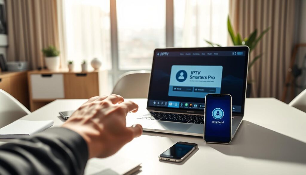 A modern digital workspace featuring a sleek laptop displaying the IPTV Smarters Pro interface on its screen. In the foreground, a hand reaches towards the laptop, as if preparing to download the software, with a sleek smartphone beside it displaying the app's icon. The middle ground includes a stylishly arranged desk with minimalist decor, a notebook, and a pen, creating an organized, tech-savvy atmosphere. The background showcases a soft-focus modern home office setting with a large window allowing natural light to stream in. The overall lighting is bright and inviting, casting soft shadows, enhancing the mood of efficiency and professionalism. The scene exudes a sense of clarity and focus, perfect for illustrating the process of downloading IPTV Smarters Pro. A modern digital workspace featuring a sleek laptop displaying the IPTV Smarters Pro interface on its screen. In the foreground, a hand reaches towards the laptop, as if preparing to download the software, with a sleek smartphone beside it displaying the app's icon. The middle ground includes a stylishly arranged desk with minimalist decor, a notebook, and a pen, creating an organized, tech-savvy atmosphere. The background showcases a soft-focus modern home office setting with a large window allowing natural light to stream in. The overall lighting is bright and inviting, casting soft shadows, enhancing the mood of efficiency and professionalism. The scene exudes a sense of clarity and focus, perfect for illustrating the process of downloading IPTV Smarters Pro.