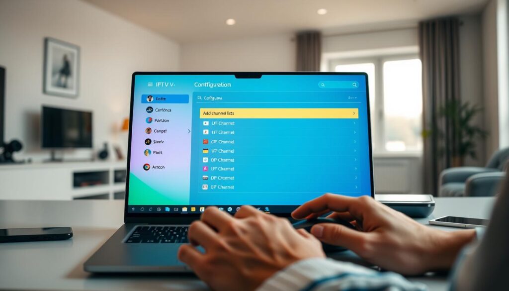 A modern digital workspace showcasing the configuration interface of an IPTV application, highlighting the process of adding channel lists and playlists. In the foreground, a sleek laptop with a vibrant screen displaying the IPTV configuration menu, filled with colorful icons and dropdowns for channel management. The middle ground features a user’s hands smoothly navigating the interface with a mouse, demonstrating engagement and ease of use. The background includes a well-lit room with a minimalist design, incorporating tech gadgets like a smartphone and a tablet, creating a professional atmosphere. Soft, natural lighting filters through a window, enhancing the focus on the screen and giving a warm, inviting feel to the scene. This composition conveys a sense of innovation and technical proficiency.