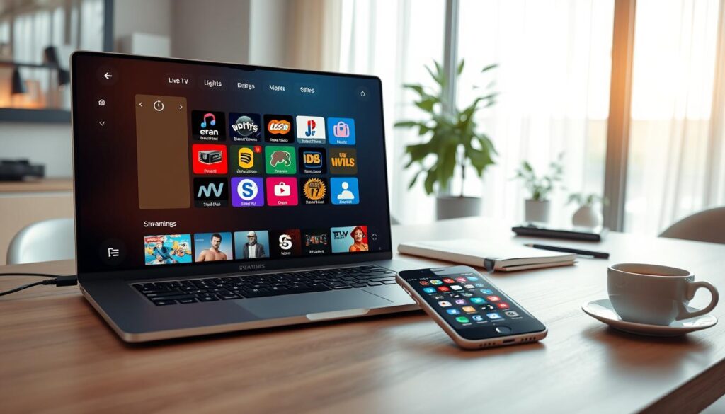 A modern digital workspace showcasing the key features of IPTV Smarters Pro. In the foreground, a sleek laptop displays an interactive interface with vibrant app icons, emphasizing streaming options, user-friendly navigation, and various categories such as live TV, movies, and sports. Next to the laptop, a smartphone also shows the IPTV app in use. The middle ground includes a stylish desk with a notebook and a cup of coffee, setting a professional atmosphere. In the background, a large window allows natural light to flood the room, creating an inviting and productive environment. Soft, warm lighting highlights the tech devices, enhancing the innovative feel of the scene, while maintaining a clean and organized workspace aesthetic. A modern digital workspace showcasing the key features of IPTV Smarters Pro. In the foreground, a sleek laptop displays an interactive interface with vibrant app icons, emphasizing streaming options, user-friendly navigation, and various categories such as live TV, movies, and sports. Next to the laptop, a smartphone also shows the IPTV app in use. The middle ground includes a stylish desk with a notebook and a cup of coffee, setting a professional atmosphere. In the background, a large window allows natural light to flood the room, creating an inviting and productive environment. Soft, warm lighting highlights the tech devices, enhancing the innovative feel of the scene, while maintaining a clean and organized workspace aesthetic.