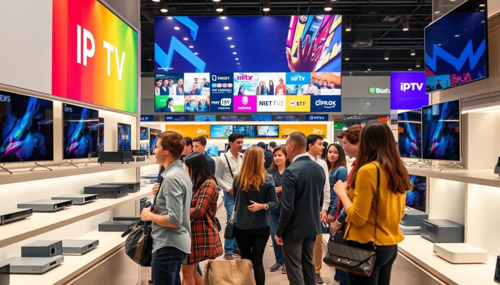 A modern electronics store interior showcasing reliable IPTV devices prominently displayed on sleek shelves. In the foreground, a diverse group of shoppers, dressed in smart casual attire, examines the IPTV options, engaged in conversation. The store features bright, inviting lighting that highlights the products, while a large, colorful signage area in the background provides a welcoming ambiance. Customers are seen interacting with knowledgeable staff members who are offering assistance. The atmosphere feels warm and informative, emphasizing trust and reliability in purchasing technology. The scene captures a vibrant, bustling environment, with a focus on high-quality IPTV devices, emphasizing credibility and customer satisfaction. A modern electronics store interior showcasing reliable IPTV devices prominently displayed on sleek shelves. In the foreground, a diverse group of shoppers, dressed in smart casual attire, examines the IPTV options, engaged in conversation. The store features bright, inviting lighting that highlights the products, while a large, colorful signage area in the background provides a welcoming ambiance. Customers are seen interacting with knowledgeable staff members who are offering assistance. The atmosphere feels warm and informative, emphasizing trust and reliability in purchasing technology. The scene captures a vibrant, bustling environment, with a focus on high-quality IPTV devices, emphasizing credibility and customer satisfaction.