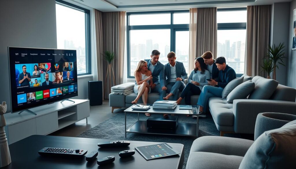 A modern, high-tech living room showcasing various IPTV devices and screens displaying vibrant content from popular French channels for 2025. In the foreground, a sleek TV stands on a stylish console, surrounded by remote controls and subscription cards symbolizing VIP IPTV plans. The middle ground features a comfortable sofa, where a diverse group of people in smart casual attire are engaged, looking at a tablet device displaying an IPTV interface. The background includes bright windows with cityscape views, allowing natural light to illuminate the scene, creating a warm and inviting atmosphere. The room conveys a sense of entertainment and modern living, with a color palette of soft blues and warm greys, emphasizing a relaxed, affluent lifestyle. A modern, high-tech living room showcasing various IPTV devices and screens displaying vibrant content from popular French channels for 2025. In the foreground, a sleek TV stands on a stylish console, surrounded by remote controls and subscription cards symbolizing VIP IPTV plans. The middle ground features a comfortable sofa, where a diverse group of people in smart casual attire are engaged, looking at a tablet device displaying an IPTV interface. The background includes bright windows with cityscape views, allowing natural light to illuminate the scene, creating a warm and inviting atmosphere. The room conveys a sense of entertainment and modern living, with a color palette of soft blues and warm greys, emphasizing a relaxed, affluent lifestyle.