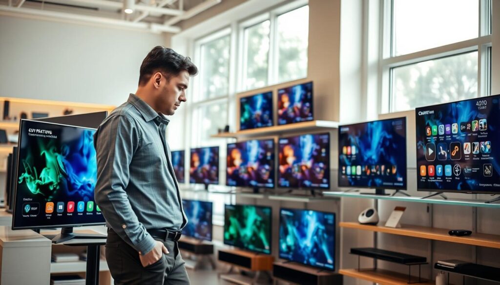 A modern home electronics showroom featuring a variety of high-tech televisions displayed in an organized manner. In the foreground, a professional-looking individual, dressed in business casual attire, is carefully examining a sleek 4K television on a stand. The middle ground portrays additional TVs showcasing various features like smart interfaces and connectivity options. Shelves are lined with accessories and tech gadgets. The background is softly illuminated with ambient lighting, creating a welcoming atmosphere. Natural light streams in through large windows, highlighting the details of the televisions. The setting emphasizes a focus on the technical specifications and features to consider before making a purchase, inviting contemplation and analysis. A modern home electronics showroom featuring a variety of high-tech televisions displayed in an organized manner. In the foreground, a professional-looking individual, dressed in business casual attire, is carefully examining a sleek 4K television on a stand. The middle ground portrays additional TVs showcasing various features like smart interfaces and connectivity options. Shelves are lined with accessories and tech gadgets. The background is softly illuminated with ambient lighting, creating a welcoming atmosphere. Natural light streams in through large windows, highlighting the details of the televisions. The setting emphasizes a focus on the technical specifications and features to consider before making a purchase, inviting contemplation and analysis.