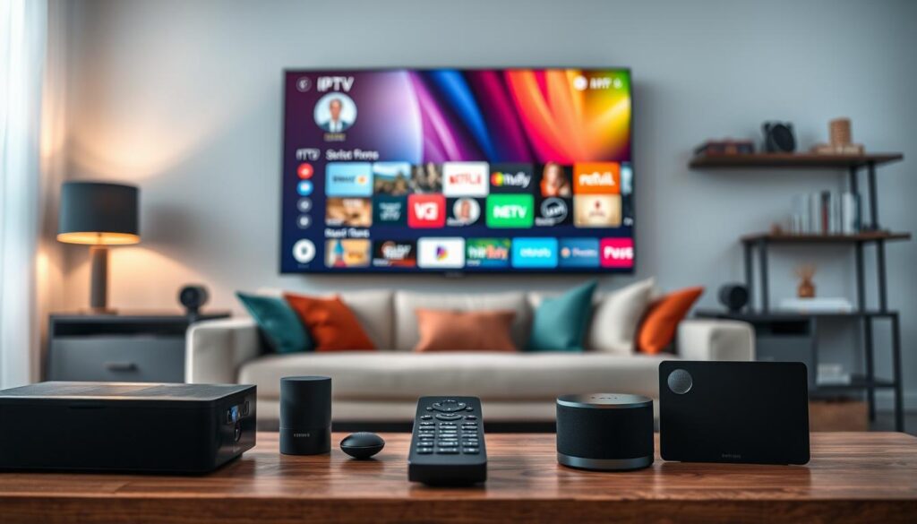 A modern home entertainment setup showcasing diverse IPTV alternatives for 2024. In the foreground, a sleek, stylish living room contains a large flat-screen TV displaying a vibrant menu of IPTV options. Surrounding the TV, a variety of streaming devices like a considerable remote control, a tablet, and smart speakers are arranged invitingly. In the middle ground, a cozy couch with colorful cushions is positioned to create a welcoming atmosphere. The background features a tastefully decorated shelf with books and decorative items, enhancing the homely feel. Soft, ambient lighting creates a warm, inviting mood, while a slight depth of field focuses on the electronics and diminishes detail in the background. The room conveys a sense of comfort and modernity, ideal for exploring IPTV solutions. A modern home entertainment setup showcasing diverse IPTV alternatives for 2024. In the foreground, a sleek, stylish living room contains a large flat-screen TV displaying a vibrant menu of IPTV options. Surrounding the TV, a variety of streaming devices like a considerable remote control, a tablet, and smart speakers are arranged invitingly. In the middle ground, a cozy couch with colorful cushions is positioned to create a welcoming atmosphere. The background features a tastefully decorated shelf with books and decorative items, enhancing the homely feel. Soft, ambient lighting creates a warm, inviting mood, while a slight depth of field focuses on the electronics and diminishes detail in the background. The room conveys a sense of comfort and modernity, ideal for exploring IPTV solutions.