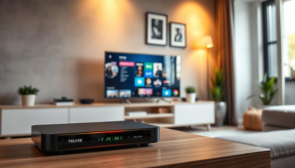 A modern home entertainment setup showcasing the best IPTV media players in France, specifically focusing on Android devices like Televizo. In the foreground, a sleek, stylish IPTV player with a glowing interface is placed on a contemporary wooden TV stand. The middle ground features a large flat-screen television displaying an engaging user interface, with various streaming icons clearly visible. The background is a cozy living room, adorned with dim ambient lighting and subtle decorative elements like potted plants and framed artwork. Soft, warm light filters through a nearby window, creating a relaxed atmosphere. Capture this scene at a slight angle to highlight the devices, evoking a sense of technological sophistication and home comfort. A modern home entertainment setup showcasing the best IPTV media players in France, specifically focusing on Android devices like Televizo. In the foreground, a sleek, stylish IPTV player with a glowing interface is placed on a contemporary wooden TV stand. The middle ground features a large flat-screen television displaying an engaging user interface, with various streaming icons clearly visible. The background is a cozy living room, adorned with dim ambient lighting and subtle decorative elements like potted plants and framed artwork. Soft, warm light filters through a nearby window, creating a relaxed atmosphere. Capture this scene at a slight angle to highlight the devices, evoking a sense of technological sophistication and home comfort.