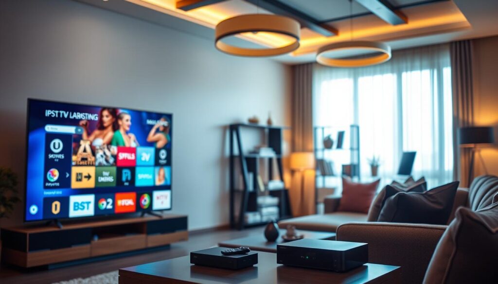 A modern home interior showcasing an array of IPTV services available to users. In the foreground, a sleek television set displays a vibrant array of streaming options, with icons representing movies, sports, and international channels. The middle ground features a comfortable seating arrangement with a stylish couch and a coffee table holding a remote control and an IPTV box. Soft lighting emanates from elegant overhead fixtures, casting a warm glow throughout the space. In the background, a contemporary bookshelf displays technology-related books and decorative items, while a large window allows natural light to filter in, enhancing the inviting atmosphere. The overall mood is cozy and tech-savvy, promoting the concept of diverse IPTV offerings in a welcoming environment.