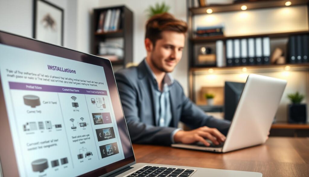 A modern home office setting featuring a close-up view of a laptop screen displaying an IPTV installation guide. In the foreground, show a detailed infographic illustrating step-by-step instructions, with visuals of connecting devices, Wi-Fi setup, and interface screenshots. In the middle, a neatly arranged workspace with a professional-looking person in business casual attire, focused on the laptop, their expression reflecting concentration and ease. The background should include shelves with tech books, subtle lighting highlighting the workspace, conveyed through a warm, inviting ambiance. Soft focus on the background enhances the central elements, creating a productive atmosphere. Overall, the image should inspire confidence and practicality in setting up an IPTV subscription quickly and efficiently.