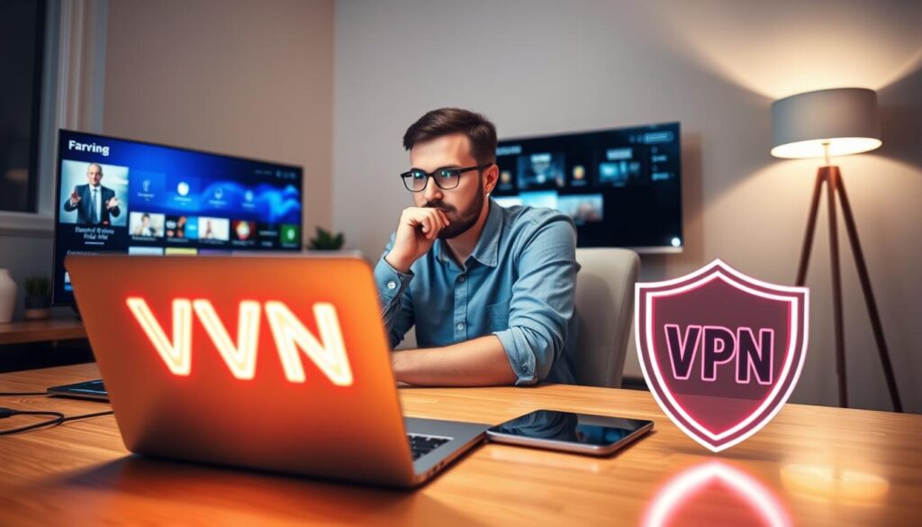 A modern home office setting, showcasing an individual (dressed in casual professional attire) sitting at a desk, focused on a laptop screen displaying a streaming service interface. The person has a thoughtful expression, symbolizing the importance of secure access. In the foreground, a vibrant VPN logo glows subtly, illustrating security. In the middle ground, various electronic devices like a smart TV and a tablet show IPTV content, while a shield icon representing cybersecurity hovers nearby. The background features a warm, inviting room with soft lighting from a desk lamp, creating a cozy yet professional atmosphere. The perspective is slightly from above, emphasizing the workspace and its elements, conveying a sense of trust and safety linked to utilizing a VPN for IPTV access. A modern home office setting, showcasing an individual (dressed in casual professional attire) sitting at a desk, focused on a laptop screen displaying a streaming service interface. The person has a thoughtful expression, symbolizing the importance of secure access. In the foreground, a vibrant VPN logo glows subtly, illustrating security. In the middle ground, various electronic devices like a smart TV and a tablet show IPTV content, while a shield icon representing cybersecurity hovers nearby. The background features a warm, inviting room with soft lighting from a desk lamp, creating a cozy yet professional atmosphere. The perspective is slightly from above, emphasizing the workspace and its elements, conveying a sense of trust and safety linked to utilizing a VPN for IPTV access.