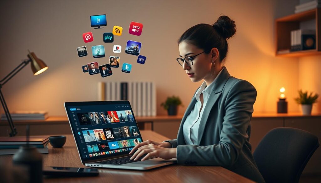 A modern home office setting with a sleek wooden desk featuring a laptop displaying a vibrant IPTV playlist interface. In the foreground, a focused individual in smart casual attire, possibly a young woman, adjusts her playlist on the laptop, her expression intent and engaged. Dynamic elements around her include colorful icons representing various TV shows and movies floating above the screen, symbolizing customization and management. The background showcases a cozy ambiance with warm lighting from a stylish desk lamp, neatly arranged books, and a small potted plant, adding a touch of tranquility. The scene conveys a productive and optimal viewing experience, marrying technology with personal flair in a harmonious environment. A modern home office setting with a sleek wooden desk featuring a laptop displaying a vibrant IPTV playlist interface. In the foreground, a focused individual in smart casual attire, possibly a young woman, adjusts her playlist on the laptop, her expression intent and engaged. Dynamic elements around her include colorful icons representing various TV shows and movies floating above the screen, symbolizing customization and management. The background showcases a cozy ambiance with warm lighting from a stylish desk lamp, neatly arranged books, and a small potted plant, adding a touch of tranquility. The scene conveys a productive and optimal viewing experience, marrying technology with personal flair in a harmonious environment.