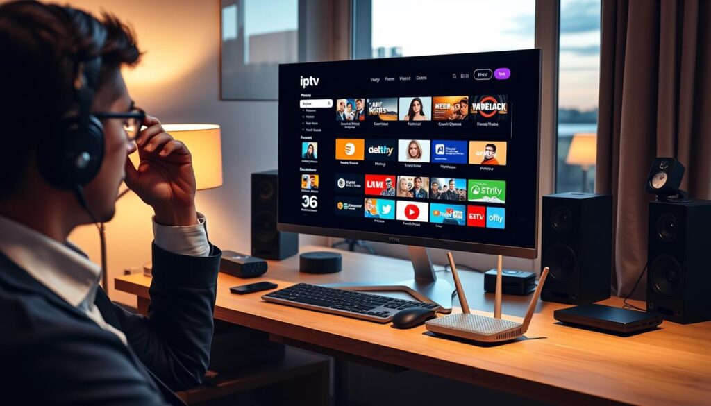 A modern home office setup featuring a sleek computer desk with an ultra-high-definition monitor displaying a vibrant IPTV interface showcasing various channels. In the foreground, a focused individual in professional attire is adjusting their headset, representing a user enjoying stable streaming. The middle ground includes a mini-router with blinking lights, symbolizing connectivity, and a well-organized workspace with tech gadgets for enhanced productivity. In the background, soft ambient lighting creates a cozy atmosphere, with a window showing a peaceful outdoor scene, reflecting a sense of calm and control. Use a warm color palette to evoke a feeling of comfort and security, shot from a slightly elevated angle to give the viewer a clear view of the entire setup. A modern home office setup featuring a sleek computer desk with an ultra-high-definition monitor displaying a vibrant IPTV interface showcasing various channels. In the foreground, a focused individual in professional attire is adjusting their headset, representing a user enjoying stable streaming. The middle ground includes a mini-router with blinking lights, symbolizing connectivity, and a well-organized workspace with tech gadgets for enhanced productivity. In the background, soft ambient lighting creates a cozy atmosphere, with a window showing a peaceful outdoor scene, reflecting a sense of calm and control. Use a warm color palette to evoke a feeling of comfort and security, shot from a slightly elevated angle to give the viewer a clear view of the entire setup.