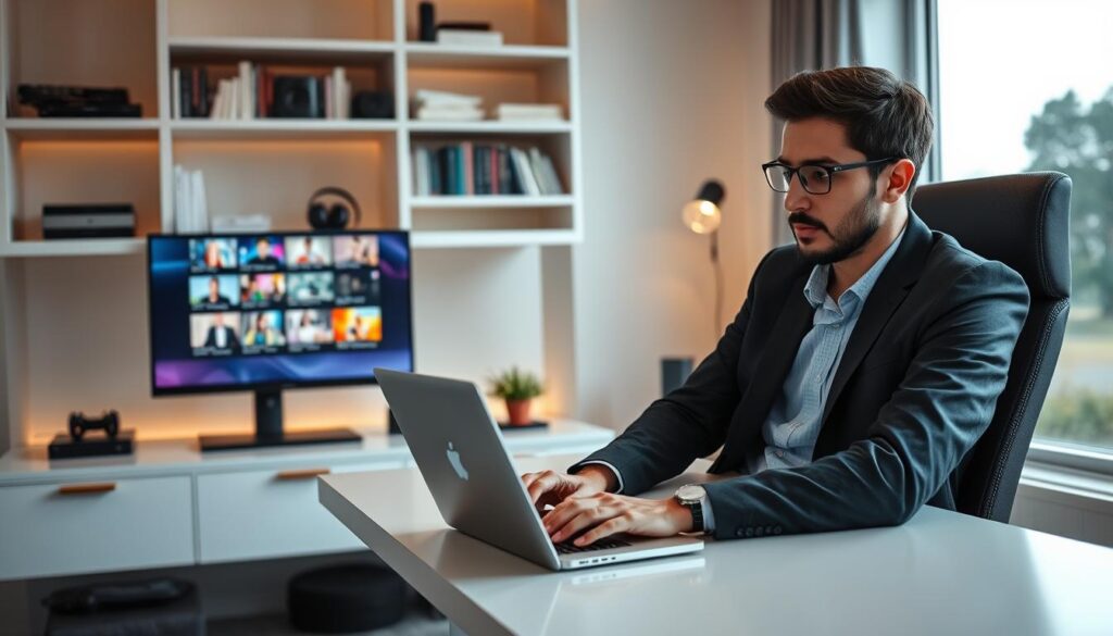 A modern home office with a sleek computer setup showcasing IPTV streaming on the screen. In the foreground, a focused individual in smart casual attire sits at a white desk, using a laptop with vibrant visuals of different TV channels showing on the monitor. The middle layer features a stylish bookshelf filled with tech gadgets and books related to media and entertainment. In the background, soft ambient lighting creates a warm atmosphere, while a window shows a peaceful outdoor view, enhancing the feeling of relaxation and enjoyment. The image captures a sense of productivity and leisure, illustrating the joy of watching live channels through IPTV on a PC. A modern home office with a sleek computer setup showcasing IPTV streaming on the screen. In the foreground, a focused individual in smart casual attire sits at a white desk, using a laptop with vibrant visuals of different TV channels showing on the monitor. The middle layer features a stylish bookshelf filled with tech gadgets and books related to media and entertainment. In the background, soft ambient lighting creates a warm atmosphere, while a window shows a peaceful outdoor view, enhancing the feeling of relaxation and enjoyment. The image captures a sense of productivity and leisure, illustrating the joy of watching live channels through IPTV on a PC.