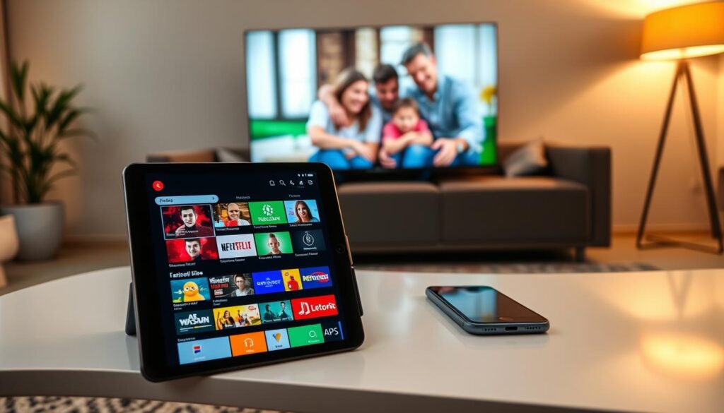 A modern home setting showcasing various devices compatible with IPTV, including a smart TV, tablet, and smartphone arranged on a sleek coffee table. In the foreground, a close-up on the tablet displaying a vibrant IPTV interface with colorful thumbnails of French channels. The middle ground reveals the smart TV, which shows a family happily watching content, emphasizing a cozy viewing experience. The background features a warm, inviting living room with soft ambient lighting, reminiscent of a comfortable evening. The overall mood is relaxed and family-oriented, capturing the essence of enjoying IPTV technology seamlessly across devices. Use soft focus on the background to emphasize the devices in the foreground, enhancing the inviting atmosphere. A modern home setting showcasing various devices compatible with IPTV, including a smart TV, tablet, and smartphone arranged on a sleek coffee table. In the foreground, a close-up on the tablet displaying a vibrant IPTV interface with colorful thumbnails of French channels. The middle ground reveals the smart TV, which shows a family happily watching content, emphasizing a cozy viewing experience. The background features a warm, inviting living room with soft ambient lighting, reminiscent of a comfortable evening. The overall mood is relaxed and family-oriented, capturing the essence of enjoying IPTV technology seamlessly across devices. Use soft focus on the background to emphasize the devices in the foreground, enhancing the inviting atmosphere.