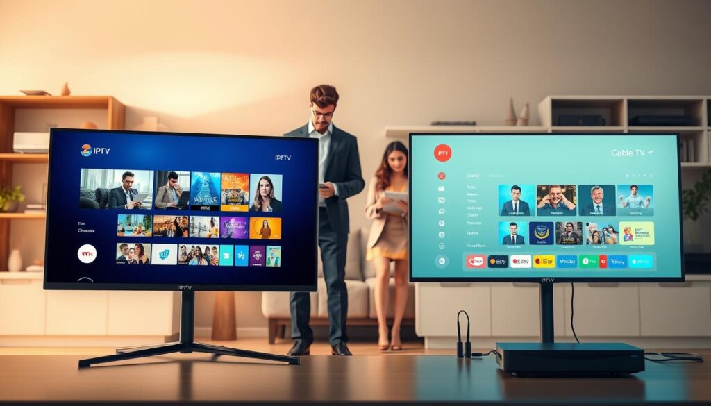 A modern, informative digital illustration comparing IPTV services with traditional TV solutions. In the foreground, two separate screens represent IPTV and cable TV; one showcasing a streaming interface with vibrant, colorful thumbnails of shows, and the other displaying a classic cable channel guide. In the middle ground, diverse professionals in business attire engage in discussion, analyzing data on tablets and laptops, symbolizing informed decisions. The background features a cozy living room with soft lighting, reflecting a welcoming atmosphere, and shelves with entertainment devices like routers and cable boxes. Use a slight low-angle shot to emphasize the screens, creating a dynamic perspective. Overall mood: contemporary and tech-savvy, highlighting choice and innovation in television solutions. A modern, informative digital illustration comparing IPTV services with traditional TV solutions. In the foreground, two separate screens represent IPTV and cable TV; one showcasing a streaming interface with vibrant, colorful thumbnails of shows, and the other displaying a classic cable channel guide. In the middle ground, diverse professionals in business attire engage in discussion, analyzing data on tablets and laptops, symbolizing informed decisions. The background features a cozy living room with soft lighting, reflecting a welcoming atmosphere, and shelves with entertainment devices like routers and cable boxes. Use a slight low-angle shot to emphasize the screens, creating a dynamic perspective. Overall mood: contemporary and tech-savvy, highlighting choice and innovation in television solutions.