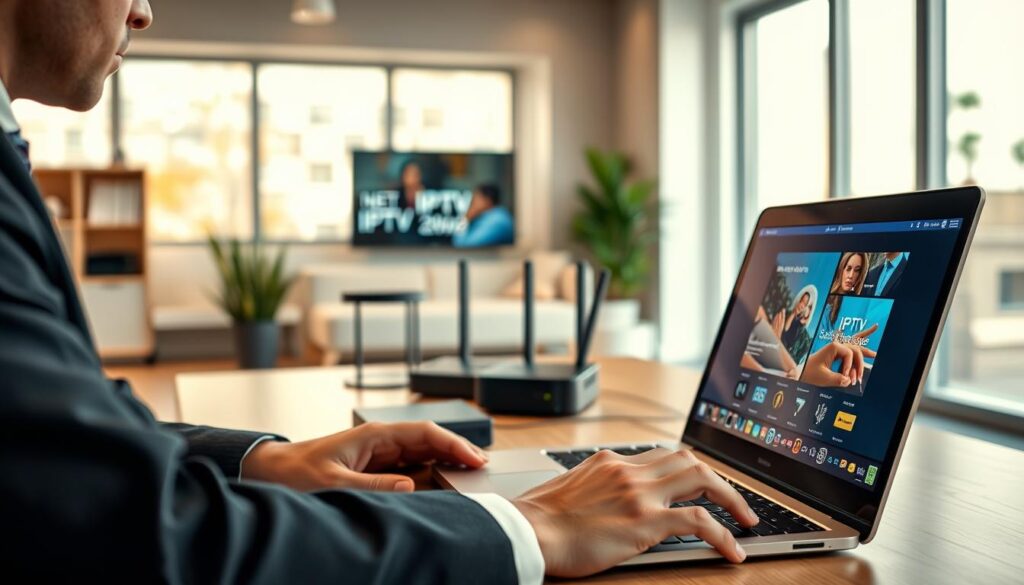A modern, inviting workspace featuring a sleek laptop displaying an IPTV player interface, with hands engaging with the keyboard. In the foreground, include a well-dressed individual (male or female) in professional attire, focused on the screen. In the middle, place a variety of technical devices like a router and a streaming device, symbolizing connectivity and technology. The background shows a bright, airy room with large windows, suggesting a progressive atmosphere. Soft, warm lighting creates an inviting feel, while the composition highlights a balance between technology and responsible use. The overall mood should convey professionalism, modernization, and adherence to legal practices in using IPTV in France.