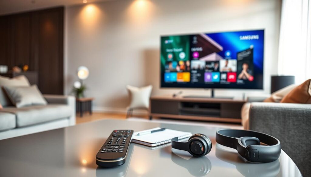 A modern living room featuring a Samsung TV, displaying an IPTV interface with vibrant, engaging visuals. In the foreground, a sleek coffee table holds a remote control, a notepad, and a set of headphones, emphasizing convenience and tech-savviness. The middle of the room showcases a comfortable sofa with stylish cushions, inviting viewers to relax and enjoy their IPTV experience. The background includes a large window with soft, natural light illuminating the space, creating a warm and inviting atmosphere. The overall mood is one of relaxation and modern technology, conveying a sense of optimization for an ideal IPTV experience. The scene is well-composed, suggesting a high-tech yet cozy environment. A modern living room featuring a Samsung TV, displaying an IPTV interface with vibrant, engaging visuals. In the foreground, a sleek coffee table holds a remote control, a notepad, and a set of headphones, emphasizing convenience and tech-savviness. The middle of the room showcases a comfortable sofa with stylish cushions, inviting viewers to relax and enjoy their IPTV experience. The background includes a large window with soft, natural light illuminating the space, creating a warm and inviting atmosphere. The overall mood is one of relaxation and modern technology, conveying a sense of optimization for an ideal IPTV experience. The scene is well-composed, suggesting a high-tech yet cozy environment.