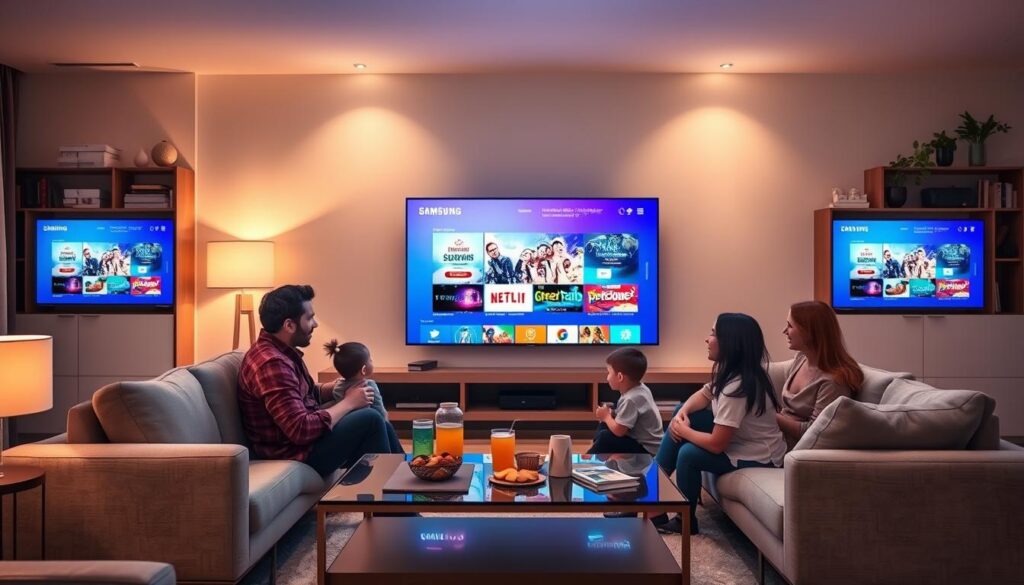 A modern living room featuring a large flat-screen Samsung TV displaying vibrant streaming app interfaces. In the foreground, a family of four—a father, mother, and two children—are comfortably seated on a stylish sofa, engaging with their smart TV. The parents are in casual yet neat clothing, reflecting a cozy family night. The middle ground showcases an elegant coffee table with snacks and drinks, enhancing the inviting atmosphere. The background features soft, warm lighting from floor lamps and decorative elements like shelves filled with books and plants, creating a welcoming environment. The image captures the joy and convenience of using IPTV apps on Samsung TVs, highlighting modern family entertainment in a serene setting.