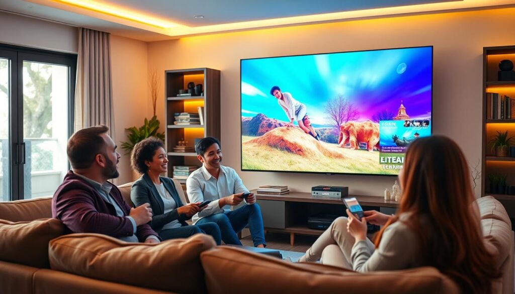 A modern living room featuring a large flat-screen TV displaying vibrant streaming content, symbolizing the reliability of IPTV services. In the foreground, a diverse group of four individuals—two men and two women, dressed in smart casual attire—are gathered on a comfortable sofa, engaged in conversation and laughter while holding remote controls. The room is warmly lit with soft yellow lights, creating a welcoming and relaxed atmosphere. In the background, bookshelves and decorative plants enhance the coziness of the space, while the window reveals a sunny day outside. The overall mood conveys enjoyment, comfort, and the advantages of a reliable IPTV subscription. Focus on clarity and detail to highlight the engaging environment. A modern living room featuring a large flat-screen TV displaying vibrant streaming content, symbolizing the reliability of IPTV services. In the foreground, a diverse group of four individuals—two men and two women, dressed in smart casual attire—are gathered on a comfortable sofa, engaged in conversation and laughter while holding remote controls. The room is warmly lit with soft yellow lights, creating a welcoming and relaxed atmosphere. In the background, bookshelves and decorative plants enhance the coziness of the space, while the window reveals a sunny day outside. The overall mood conveys enjoyment, comfort, and the advantages of a reliable IPTV subscription. Focus on clarity and detail to highlight the engaging environment.