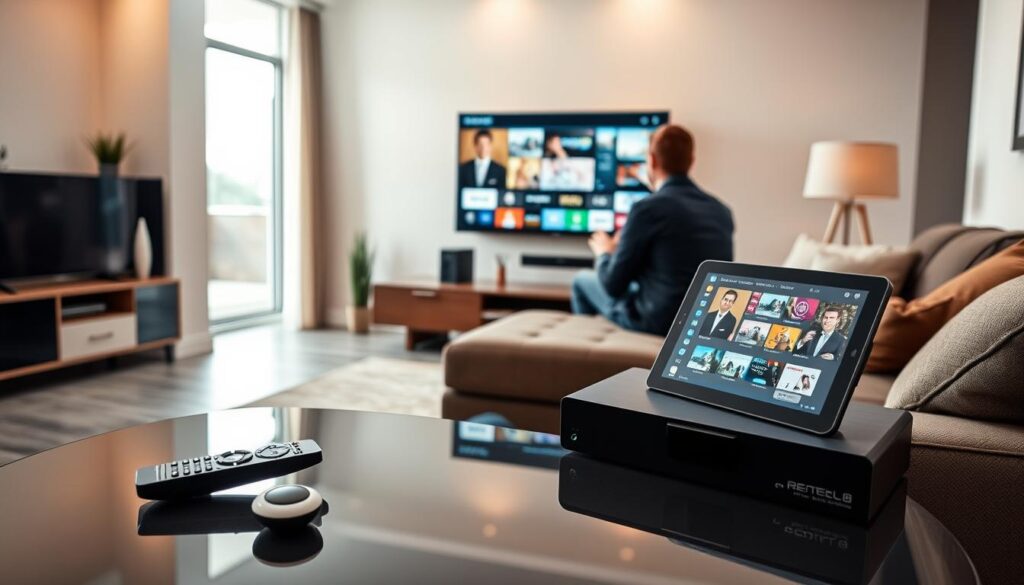 A modern living room featuring a sleek IPTV Stream Player setup. In the foreground, a stylish coffee table holds a remote control and a tablet displaying a vibrant IPTV interface. In the middle ground, a large flat-screen TV hangs on the wall, showcasing various streaming channels. A comfortable sofa, with casual yet professional attire worn by two individuals, faces the TV, engaged in discussion about the installation process. The background features a well-lit room with warm lighting, creating a cozy atmosphere. Soft shadows enhance the depth of the scene, and a window allows natural sunlight to filter in, adding a touch of homeliness. The overall mood is inviting and informative, perfect for a guide on IPTV installation. A modern living room featuring a sleek IPTV Stream Player setup. In the foreground, a stylish coffee table holds a remote control and a tablet displaying a vibrant IPTV interface. In the middle ground, a large flat-screen TV hangs on the wall, showcasing various streaming channels. A comfortable sofa, with casual yet professional attire worn by two individuals, faces the TV, engaged in discussion about the installation process. The background features a well-lit room with warm lighting, creating a cozy atmosphere. Soft shadows enhance the depth of the scene, and a window allows natural sunlight to filter in, adding a touch of homeliness. The overall mood is inviting and informative, perfect for a guide on IPTV installation.