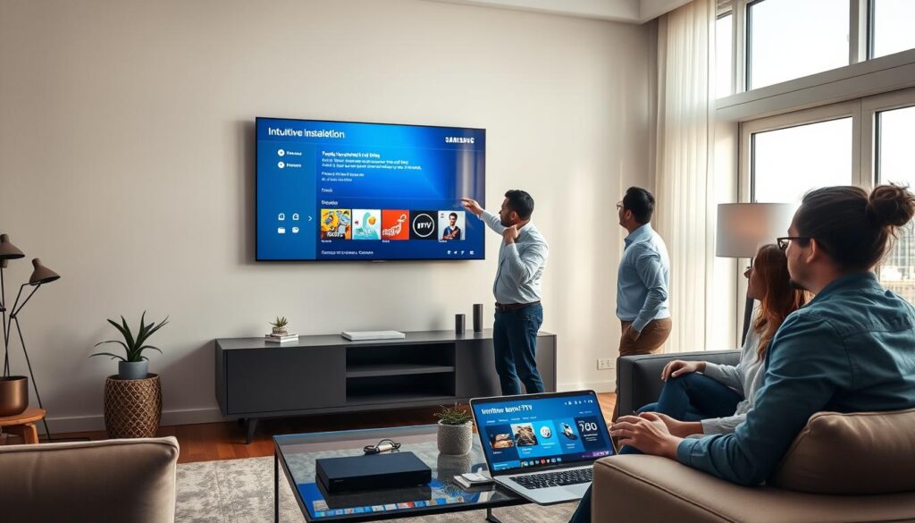A modern living room featuring a sleek Samsung Smart TV prominently displayed on the wall, showcasing an intuitive IPTV installation interface on the screen. In the foreground, a diverse group of two professionals, dressed in smart casual attire, are attentively discussing the installation process while pointing at the TV. Soft, ambient lighting illuminates the room, highlighting modern furniture and accessories, creating a warm and inviting atmosphere. The middle ground includes a stylish coffee table with an open laptop displaying IPTV app options, while the background features a large window allowing natural light to filter in. The overall mood should be focused and collaborative, emphasizing technology and ease of use in setting up IPTV applications. A modern living room featuring a sleek Samsung Smart TV prominently displayed on the wall, showcasing an intuitive IPTV installation interface on the screen. In the foreground, a diverse group of two professionals, dressed in smart casual attire, are attentively discussing the installation process while pointing at the TV. Soft, ambient lighting illuminates the room, highlighting modern furniture and accessories, creating a warm and inviting atmosphere. The middle ground includes a stylish coffee table with an open laptop displaying IPTV app options, while the background features a large window allowing natural light to filter in. The overall mood should be focused and collaborative, emphasizing technology and ease of use in setting up IPTV applications.
