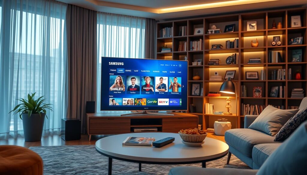 A modern living room featuring a sleek Samsung Smart TV prominently displaying an IPTV application interface, showcasing vibrant streaming content options like movies and series. In the foreground, a stylish coffee table with a remote control and snacks, hinting at a cozy viewing experience. Soft, ambient lighting sets a comfortable mood, while a contemporary bookshelf filled with media-related books and memorabilia adds depth. The background includes a large window with curtains drawn to let in gentle natural light. The overall atmosphere is inviting and tech-savvy, emphasizing the importance of security and good practices in IPTV use. Use a cinematic angle to create a sense of depth and warmth, ensuring that everything is well-lit and inviting. A modern living room featuring a sleek Samsung Smart TV prominently displaying an IPTV application interface, showcasing vibrant streaming content options like movies and series. In the foreground, a stylish coffee table with a remote control and snacks, hinting at a cozy viewing experience. Soft, ambient lighting sets a comfortable mood, while a contemporary bookshelf filled with media-related books and memorabilia adds depth. The background includes a large window with curtains drawn to let in gentle natural light. The overall atmosphere is inviting and tech-savvy, emphasizing the importance of security and good practices in IPTV use. Use a cinematic angle to create a sense of depth and warmth, ensuring that everything is well-lit and inviting.