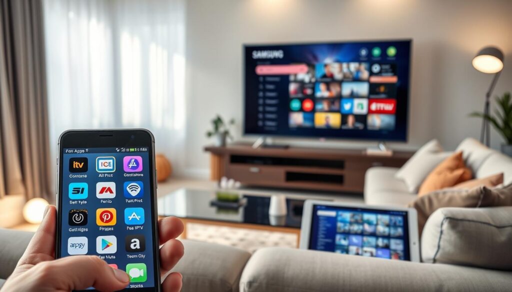 A modern living room featuring a sleek Samsung smart TV prominently displayed on a stylish media console. In the foreground, there’s a smartphone showing various free IPTV application icons, elegantly arranged to suggest a comparison. The middle ground includes a cozy sofa with a minimalist design, a coffee table adorned with a tablet displaying a user-friendly interface of IPTV apps. The background showcases soft lighting from floor lamps and a window allowing natural light to spill in, creating a warm and inviting atmosphere. The color palette is neutral with pops of color from decorative pillows. The scene should evoke a sense of modern tech and comfort, ideal for a contemporary home viewing experience.