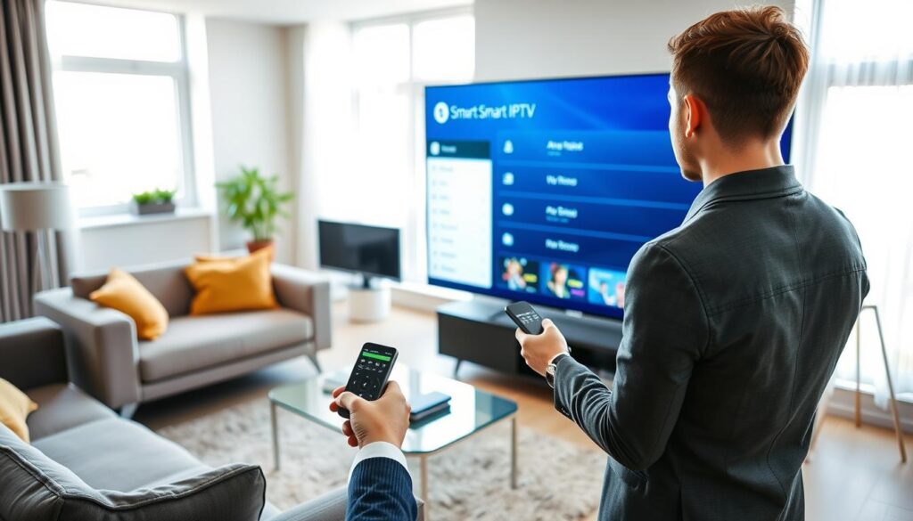 A modern living room featuring a sleek Smart TV displaying the Smart IPTV interface with an active playlist setup. In the foreground, a user, a young professional in smart casual attire, is attentively holding a remote control, navigating through the menu to add an m3u playlist or URL. The middle ground highlights a cozy sofa and a stylish coffee table with tech gadgets like a smartphone and a tablet. The background showcases a bright atmosphere with natural light streaming through large windows, illuminating the room and enhancing the colors of the decor. The mood is focused and engaging, conveying a sense of excitement about setting up the Smart IPTV service, emphasizing technology and home comfort in a warm, inviting environment. A modern living room featuring a sleek Smart TV displaying the Smart IPTV interface with an active playlist setup. In the foreground, a user, a young professional in smart casual attire, is attentively holding a remote control, navigating through the menu to add an m3u playlist or URL. The middle ground highlights a cozy sofa and a stylish coffee table with tech gadgets like a smartphone and a tablet. The background showcases a bright atmosphere with natural light streaming through large windows, illuminating the room and enhancing the colors of the decor. The mood is focused and engaging, conveying a sense of excitement about setting up the Smart IPTV service, emphasizing technology and home comfort in a warm, inviting environment.