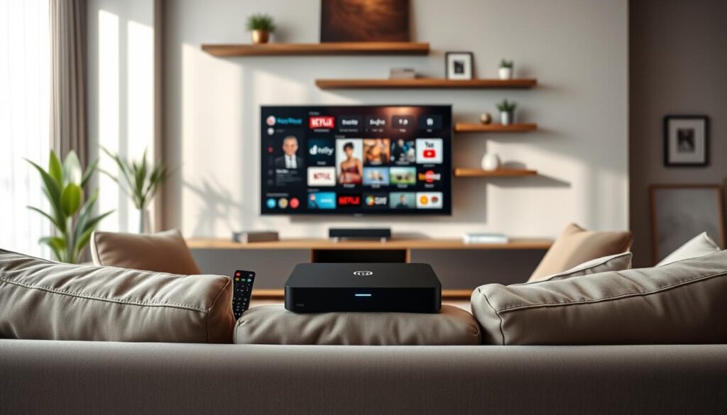 A modern living room featuring a sleek Xiaomi IPTV box prominently displayed on a stylish entertainment unit. In the foreground, a cozy sofa with elegant cushions faces a large flat-screen TV, showcasing popular streaming apps like Netflix and YouTube. In the middle, the IPTV box is surrounded by remote controls and a glowing LED light, emphasizing its high-tech nature. The background includes shelves with decorative items and plants, ensuring a warm and inviting atmosphere. Soft, natural lighting filters through a window, casting gentle shadows and enhancing the room's comfort. The overall mood conveys a sense of modern convenience and entertainment, inviting viewers to explore the possibilities of compatible content.