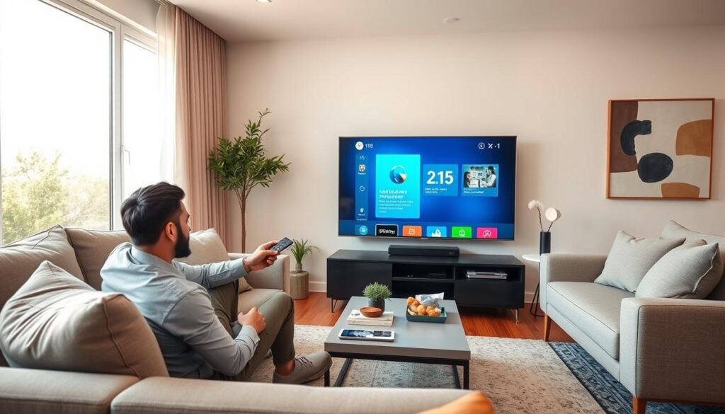 A modern living room featuring a sleek, connected smart TV displaying the Smart IPTV application installation interface. In the foreground, a user, dressed in professional casual attire, is sitting on a comfortable couch, interacting with the television remote, exhibiting a look of concentration and ease. The middle ground contains a stylish coffee table with a few tech gadgets and snacks, emphasizing a relaxed atmosphere. Bright, natural light filters through large windows, creating a warm and inviting glow in the space. Minimalistic decor enhances the sense of cleanliness and modernity, with a subtle backdrop of abstract wall art. The camera angle is slightly angled from above, giving a comprehensive view of the scene while focusing on the TV interface, capturing a mood of accessibility and modern technology. A modern living room featuring a sleek, connected smart TV displaying the Smart IPTV application installation interface. In the foreground, a user, dressed in professional casual attire, is sitting on a comfortable couch, interacting with the television remote, exhibiting a look of concentration and ease. The middle ground contains a stylish coffee table with a few tech gadgets and snacks, emphasizing a relaxed atmosphere. Bright, natural light filters through large windows, creating a warm and inviting glow in the space. Minimalistic decor enhances the sense of cleanliness and modernity, with a subtle backdrop of abstract wall art. The camera angle is slightly angled from above, giving a comprehensive view of the scene while focusing on the TV interface, capturing a mood of accessibility and modern technology.