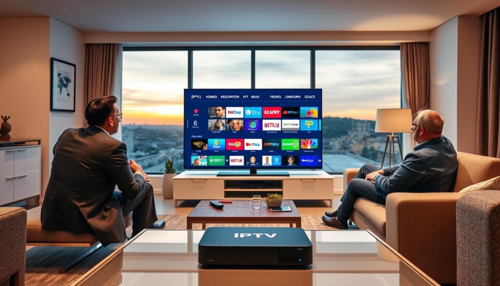 A modern living room featuring a sleek, high-definition television displaying a vibrant IPTV interface with numerous channels, all framed by elegant decor. In the foreground, a stylish coffee table holds a remote control and an IPTV box, while a comfortable couch invites relaxation. In the middle, two people of diverse backgrounds are seated, one wearing business attire while the other is casually dressed, both intently watching the screen, expressing enjoyment and engagement. The background is softly lit with warm tones, creating a cozy, inviting atmosphere. A large window shows a sunset, adding to the ambiance while subtly enhancing the feeling of limitless entertainment. The image should convey a sense of modernity and sophistication without any text or branding elements. A modern living room featuring a sleek, high-definition television displaying a vibrant IPTV interface with numerous channels, all framed by elegant decor. In the foreground, a stylish coffee table holds a remote control and an IPTV box, while a comfortable couch invites relaxation. In the middle, two people of diverse backgrounds are seated, one wearing business attire while the other is casually dressed, both intently watching the screen, expressing enjoyment and engagement. The background is softly lit with warm tones, creating a cozy, inviting atmosphere. A large window shows a sunset, adding to the ambiance while subtly enhancing the feeling of limitless entertainment. The image should convey a sense of modernity and sophistication without any text or branding elements.