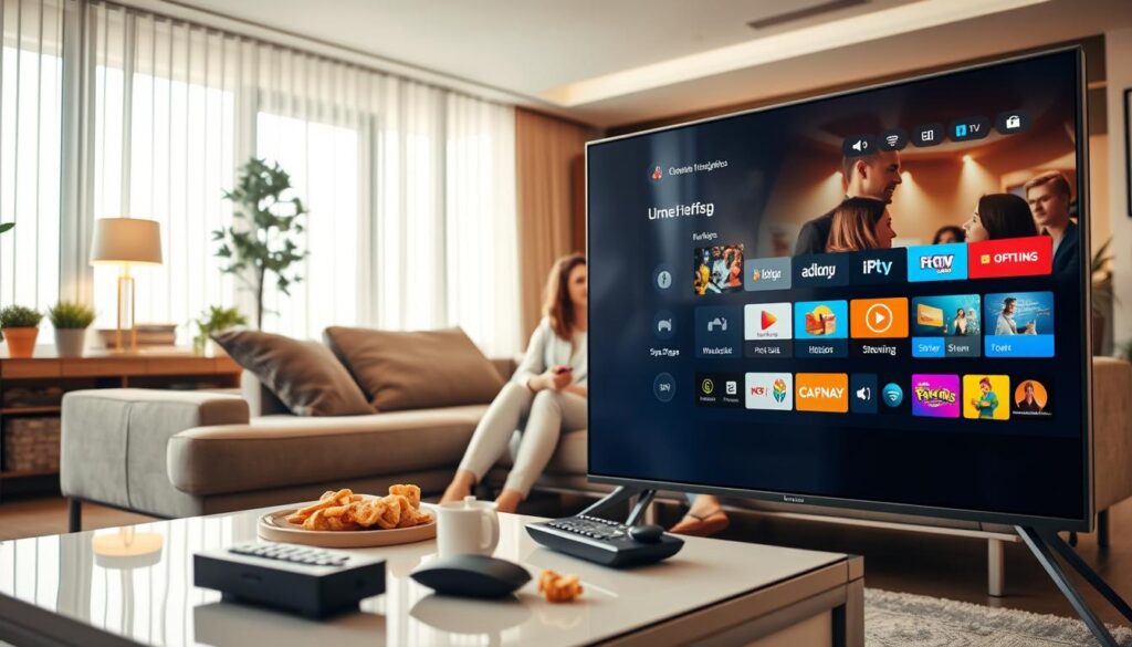 A modern living room featuring a sleek smart TV displaying an IPTV interface prominently in the foreground, with a stylish coffee table adorned with remote controls and snacks. In the middle ground, a couple of diverse professionals in smart casual attire are seated comfortably on a plush sofa, engaged in a lively discussion about their IPTV subscription. The background reveals a cozy, well-lit room with contemporary décor, hinting at digital elements like streaming icons and vibrant colors that suggest advanced technology. Soft, warm lighting creates an inviting atmosphere, emphasizing the idea of relaxation and entertainment at home. The angle is slightly elevated to encompass both the engaged viewers and the IPTV interface, showcasing the performance and appeal of the service. A modern living room featuring a sleek smart TV displaying an IPTV interface prominently in the foreground, with a stylish coffee table adorned with remote controls and snacks. In the middle ground, a couple of diverse professionals in smart casual attire are seated comfortably on a plush sofa, engaged in a lively discussion about their IPTV subscription. The background reveals a cozy, well-lit room with contemporary décor, hinting at digital elements like streaming icons and vibrant colors that suggest advanced technology. Soft, warm lighting creates an inviting atmosphere, emphasizing the idea of relaxation and entertainment at home. The angle is slightly elevated to encompass both the engaged viewers and the IPTV interface, showcasing the performance and appeal of the service.