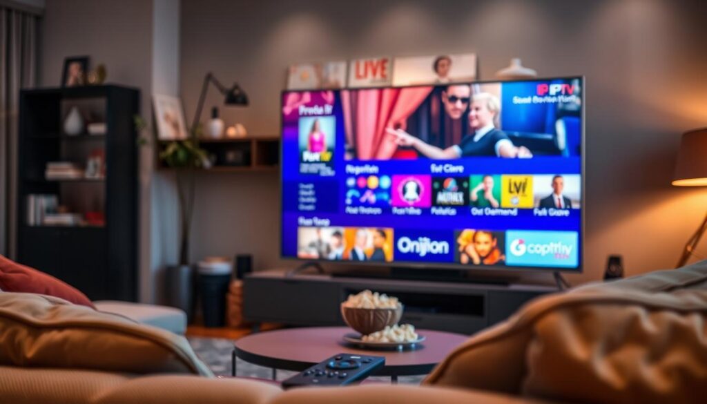 A modern living room featuring a sleek television displaying vibrant IPTV content, emphasizing the benefits of a long-term subscription. The foreground shows a comfortable sofa with a remote control and popcorn bowl, creating a cozy atmosphere. In the middle ground, the television screen is vividly lit, showcasing popular French channels and on-demand content icons. The background reveals stylish decor and soft lighting, giving a warm and inviting feel to the space. The scene is captured with a shallow depth of field, drawing attention to the TV while maintaining a soft focus on the surroundings. The lighting is bright yet soft, evoking a sense of relaxation and comfort, perfect for enjoying a premium viewing experience. A modern living room featuring a sleek television displaying vibrant IPTV content, emphasizing the benefits of a long-term subscription. The foreground shows a comfortable sofa with a remote control and popcorn bowl, creating a cozy atmosphere. In the middle ground, the television screen is vividly lit, showcasing popular French channels and on-demand content icons. The background reveals stylish decor and soft lighting, giving a warm and inviting feel to the space. The scene is captured with a shallow depth of field, drawing attention to the TV while maintaining a soft focus on the surroundings. The lighting is bright yet soft, evoking a sense of relaxation and comfort, perfect for enjoying a premium viewing experience.