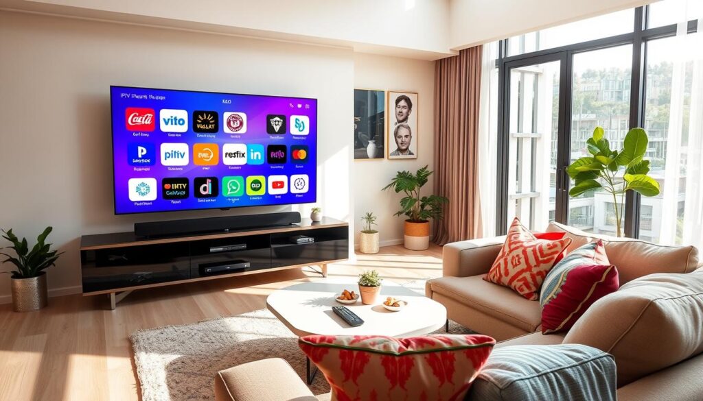 A modern living room featuring a stylish Smart TV prominently displayed on a sleek entertainment center. The TV screen showcases visually appealing IPTV app logos in vibrant colors, symbolizing the best free IPTV applications for Smart TV in 2024. In the foreground, a cozy sofa with colorful cushions invites relaxation, while a coffee table holds a remote control and snacks. Natural light streams in through a large window, creating a warm and inviting atmosphere. The overall design has a contemporary aesthetic, with neutral-colored walls and modern decor elements, evoking a sense of comfort and advanced technology. Focus on achieving a bright, engaging mood that emphasizes leisure and cutting-edge entertainment. A modern living room featuring a stylish Smart TV prominently displayed on a sleek entertainment center. The TV screen showcases visually appealing IPTV app logos in vibrant colors, symbolizing the best free IPTV applications for Smart TV in 2024. In the foreground, a cozy sofa with colorful cushions invites relaxation, while a coffee table holds a remote control and snacks. Natural light streams in through a large window, creating a warm and inviting atmosphere. The overall design has a contemporary aesthetic, with neutral-colored walls and modern decor elements, evoking a sense of comfort and advanced technology. Focus on achieving a bright, engaging mood that emphasizes leisure and cutting-edge entertainment.