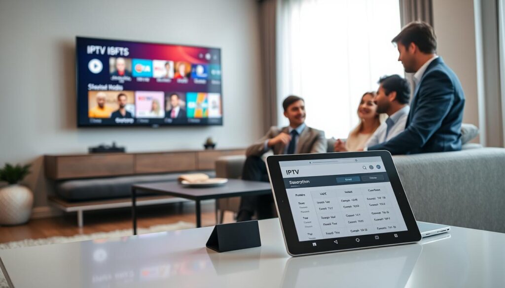 A modern living room featuring a stylish TV setup displaying a vibrant IPTV interface, showcasing various channels and streaming options. In the foreground, a sleek coffee table holds a tablet open to an IPTV subscription comparison page. The middle ground features a comfortable couch, where a diverse group of three people—two men and one woman—are engaged in discussion, all dressed in professional attire. Soft, ambient lighting creates a warm atmosphere, with a large window in the background letting in natural light, highlighting the contemporary decor. Use a slightly elevated angle to capture the scene, emphasizing the interaction and the IPTV interface. The overall mood is informative and collaborative, reflecting a modern tech-savvy environment. A modern living room featuring a stylish TV setup displaying a vibrant IPTV interface, showcasing various channels and streaming options. In the foreground, a sleek coffee table holds a tablet open to an IPTV subscription comparison page. The middle ground features a comfortable couch, where a diverse group of three people—two men and one woman—are engaged in discussion, all dressed in professional attire. Soft, ambient lighting creates a warm atmosphere, with a large window in the background letting in natural light, highlighting the contemporary decor. Use a slightly elevated angle to capture the scene, emphasizing the interaction and the IPTV interface. The overall mood is informative and collaborative, reflecting a modern tech-savvy environment.