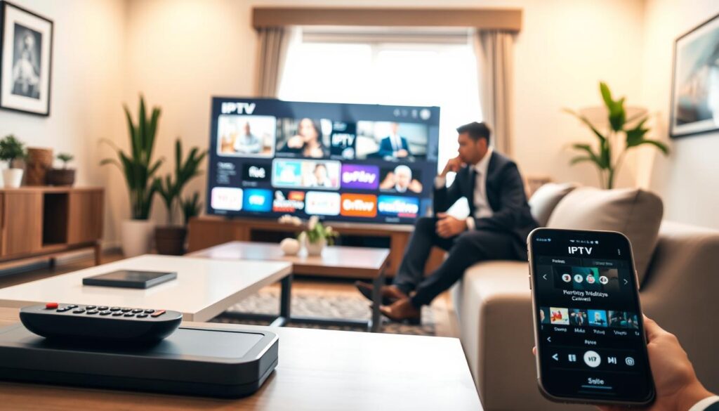 A modern living room featuring a stylish TV setup displaying various IPTV channels. In the foreground, a sleek, minimalist coffee table with a remote control and a smartphone showcasing an IPTV app interface. The middle ground includes a comfortable sofa where a professional-looking person in smart casual attire is engaged, focused on the screen. The background has a bright window letting in natural light, illuminating the space and creating a warm atmosphere. Decorative plants and artwork adorn the walls, adding a touch of sophistication. The scene captures a sense of convenience and modern technology with a soft focus for an inviting ambiance. A modern living room featuring a stylish TV setup displaying various IPTV channels. In the foreground, a sleek, minimalist coffee table with a remote control and a smartphone showcasing an IPTV app interface. The middle ground includes a comfortable sofa where a professional-looking person in smart casual attire is engaged, focused on the screen. The background has a bright window letting in natural light, illuminating the space and creating a warm atmosphere. Decorative plants and artwork adorn the walls, adding a touch of sophistication. The scene captures a sense of convenience and modern technology with a soft focus for an inviting ambiance.