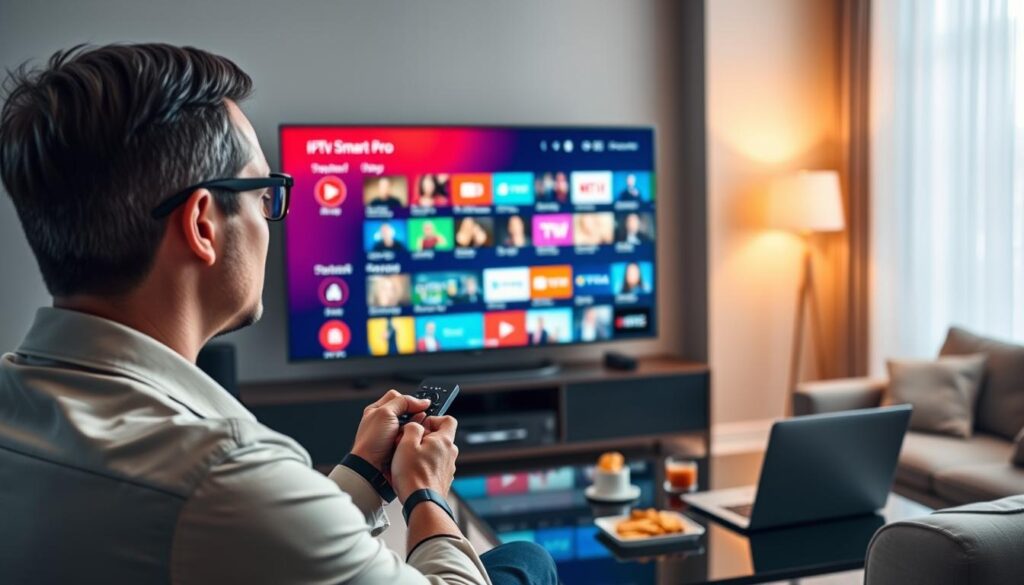 A modern living room featuring a user intently watching IPTV Smarters Pro on a large flat-screen TV. The foreground shows a person in smart casual attire, holding a sleek remote control, with a look of focus and engagement. In the middle, the TV displays a vibrant interface of IPTV Smarters Pro, highlighting various streaming options with colorful thumbnails. The background features soft, ambient lighting from floor lamps, creating a cozy atmosphere, while a stylish coffee table holds snacks and a laptop. The scene is captured from a slight angle to emphasize the connection between the viewer and the technology, conveying a relaxed yet tech-savvy mood. The overall ambiance is inviting, yet professional, perfect for illustrating practical usage in everyday life. A modern living room featuring a user intently watching IPTV Smarters Pro on a large flat-screen TV. The foreground shows a person in smart casual attire, holding a sleek remote control, with a look of focus and engagement. In the middle, the TV displays a vibrant interface of IPTV Smarters Pro, highlighting various streaming options with colorful thumbnails. The background features soft, ambient lighting from floor lamps, creating a cozy atmosphere, while a stylish coffee table holds snacks and a laptop. The scene is captured from a slight angle to emphasize the connection between the viewer and the technology, conveying a relaxed yet tech-savvy mood. The overall ambiance is inviting, yet professional, perfect for illustrating practical usage in everyday life.