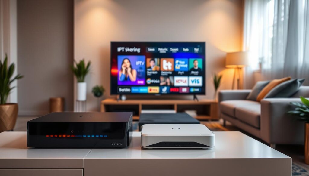 A modern living room featuring various IPTV boxes from multiple internet service providers displayed on a sleek media console. In the foreground, a stylish black IPTV box with glowing LED indicators, next to a compact white model. In the middle ground, a large flat-screen TV showcasing a vibrant streaming interface. The background includes a cozy sofa, decorative elements like plants, and a warm inviting atmosphere, with soft lighting that highlights the IPTV boxes. Use a slightly elevated angle to capture the scene, creating depth. The mood is contemporary, tech-savvy, and informative, ideal for illustrating the topic of IPTV devices in a professional setting. A modern living room featuring various IPTV boxes from multiple internet service providers displayed on a sleek media console. In the foreground, a stylish black IPTV box with glowing LED indicators, next to a compact white model. In the middle ground, a large flat-screen TV showcasing a vibrant streaming interface. The background includes a cozy sofa, decorative elements like plants, and a warm inviting atmosphere, with soft lighting that highlights the IPTV boxes. Use a slightly elevated angle to capture the scene, creating depth. The mood is contemporary, tech-savvy, and informative, ideal for illustrating the topic of IPTV devices in a professional setting.