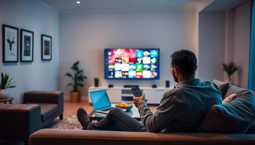 A modern living room scene depicting a user actively engaged in watching television on a sleek flat-screen, showcasing a vibrant interface of tunisie iptv. In the foreground, a person dressed in casual yet neat attire sits comfortably on a stylish couch, remote control in hand, reflecting a sense of satisfaction and engagement. The middle ground reveals a coffee table adorned with snacks and a laptop, with the TV displaying a colorful array of channel options. In the background, soft, warm lighting creates a cozy ambiance, with subtle decor elements like framed art on the walls and plants in the corners. The atmosphere feels inviting and relaxed, capturing the essence of reliable streaming entertainment. The perspective is slightly angled, focusing on the user’s immersive experience without any text or distractions. A modern living room scene depicting a user actively engaged in watching television on a sleek flat-screen, showcasing a vibrant interface of tunisie iptv. In the foreground, a person dressed in casual yet neat attire sits comfortably on a stylish couch, remote control in hand, reflecting a sense of satisfaction and engagement. The middle ground reveals a coffee table adorned with snacks and a laptop, with the TV displaying a colorful array of channel options. In the background, soft, warm lighting creates a cozy ambiance, with subtle decor elements like framed art on the walls and plants in the corners. The atmosphere feels inviting and relaxed, capturing the essence of reliable streaming entertainment. The perspective is slightly angled, focusing on the user’s immersive experience without any text or distractions.