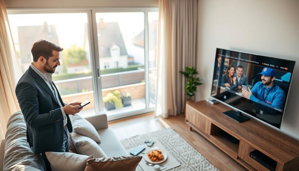 A modern living room scene depicting the installation of an affordable IPTV subscription in France. In the foreground, a professional-looking individual, dressed in smart casual attire, is connecting a sleek media streaming device to a flat-screen TV while consulting an electronic device for setup instructions. The middle layer features a cozy couch with a remote control and snacks, suggesting a comfortable viewing experience. In the background, a large window shows a glimpse of a sunny French neighborhood, adding a warm, inviting atmosphere. Natural light streams in, creating a friendly, approachable ambiance. Capture this moment from a slightly overhead angle to emphasize the action and environment, ensuring the scene conveys a sense of efficiency and friendliness in the installation process. A modern living room scene depicting the installation of an affordable IPTV subscription in France. In the foreground, a professional-looking individual, dressed in smart casual attire, is connecting a sleek media streaming device to a flat-screen TV while consulting an electronic device for setup instructions. The middle layer features a cozy couch with a remote control and snacks, suggesting a comfortable viewing experience. In the background, a large window shows a glimpse of a sunny French neighborhood, adding a warm, inviting atmosphere. Natural light streams in, creating a friendly, approachable ambiance. Capture this moment from a slightly overhead angle to emphasize the action and environment, ensuring the scene conveys a sense of efficiency and friendliness in the installation process.