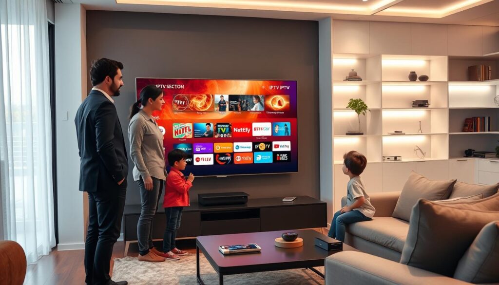 A modern living room scene designed for a smart TV setup, featuring a sleek, high-definition smart television displaying a vibrant IPTV selection interface. In the foreground, a family of three – a professional man, a woman in casual clothing, and a child – are engaging in a lively discussion while exploring various IPTV options on the TV screen, showcasing different channels and subscription plans. The middle ground includes stylish furniture, like a cozy couch and a coffee table with smart devices, creating an inviting atmosphere. The background features soft-lit shelves with decorative items and a large window allowing natural light to flood in, enhancing the welcoming mood of the scene. The image should evoke a sense of modern technology and family togetherness, captured in a warm, dynamic angle. A modern living room scene designed for a smart TV setup, featuring a sleek, high-definition smart television displaying a vibrant IPTV selection interface. In the foreground, a family of three – a professional man, a woman in casual clothing, and a child – are engaging in a lively discussion while exploring various IPTV options on the TV screen, showcasing different channels and subscription plans. The middle ground includes stylish furniture, like a cozy couch and a coffee table with smart devices, creating an inviting atmosphere. The background features soft-lit shelves with decorative items and a large window allowing natural light to flood in, enhancing the welcoming mood of the scene. The image should evoke a sense of modern technology and family togetherness, captured in a warm, dynamic angle.