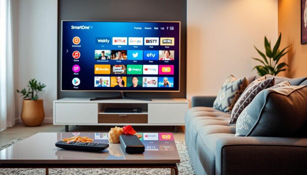A modern living room scene featuring a sleek Samsung Smart TV displaying the SmartOne IPTV interface, which includes colorful icons for various streaming options. In the foreground, a stylish coffee table holds a remote control and snacks, reflecting a cozy setting for watching TV. The middle ground showcases a comfortable couch with decorative cushions, inviting viewers to relax and enjoy media content. In the background, soft lighting highlights the relaxed atmosphere, with warm colors painted on the walls and a subtle indoor plant for added freshness. The image captures a contemporary vibe that suggests innovation and technology in entertainment, promoting an engaging and advanced viewing experience with SmartOne IPTV. A modern living room scene featuring a sleek Samsung Smart TV displaying the SmartOne IPTV interface, which includes colorful icons for various streaming options. In the foreground, a stylish coffee table holds a remote control and snacks, reflecting a cozy setting for watching TV. The middle ground showcases a comfortable couch with decorative cushions, inviting viewers to relax and enjoy media content. In the background, soft lighting highlights the relaxed atmosphere, with warm colors painted on the walls and a subtle indoor plant for added freshness. The image captures a contemporary vibe that suggests innovation and technology in entertainment, promoting an engaging and advanced viewing experience with SmartOne IPTV.