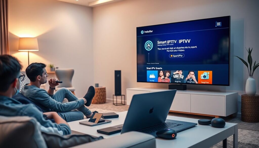 A modern living room scene featuring a sleek Smart TV displaying the installation interface of the Smart IPTV and IPTV Smarters Pro applications. In the foreground, a person in casual attire sits on a comfortable sofa, intently focused on the screen, with a remote control in hand. The middle ground showcases a stylish coffee table adorned with an open laptop and a few tech gadgets, enhancing the theme of technology. In the background, soft ambient lighting casts a warm glow, creating a welcoming atmosphere, with light-colored walls and contemporary decor, adding to the modern aesthetic. Capture the essence of convenience and digital technology in a home environment, avoiding any text or distracting elements. A modern living room scene featuring a sleek Smart TV displaying the installation interface of the Smart IPTV and IPTV Smarters Pro applications. In the foreground, a person in casual attire sits on a comfortable sofa, intently focused on the screen, with a remote control in hand. The middle ground showcases a stylish coffee table adorned with an open laptop and a few tech gadgets, enhancing the theme of technology. In the background, soft ambient lighting casts a warm glow, creating a welcoming atmosphere, with light-colored walls and contemporary decor, adding to the modern aesthetic. Capture the essence of convenience and digital technology in a home environment, avoiding any text or distracting elements.