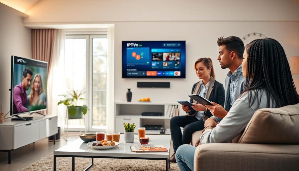 A modern living room scene featuring a sleek television displaying an IPTV interface. In the foreground, a diverse group of three people, dressed in smart casual attire, are attentively watching the screen. One person is holding a remote control, while another is taking notes on a digital tablet. In the middle ground, a stylish coffee table is adorned with snacks and drinks, enhancing a relaxed atmosphere. The background features a bright window with natural sunlight streaming in, creating a warm and inviting ambiance. The overall mood is focused yet comfortable, capturing the essence of managing IPTV links effortlessly. Use soft, diffused lighting to highlight the subjects and create a sense of engagement. A modern living room scene featuring a sleek television displaying an IPTV interface. In the foreground, a diverse group of three people, dressed in smart casual attire, are attentively watching the screen. One person is holding a remote control, while another is taking notes on a digital tablet. In the middle ground, a stylish coffee table is adorned with snacks and drinks, enhancing a relaxed atmosphere. The background features a bright window with natural sunlight streaming in, creating a warm and inviting ambiance. The overall mood is focused yet comfortable, capturing the essence of managing IPTV links effortlessly. Use soft, diffused lighting to highlight the subjects and create a sense of engagement.