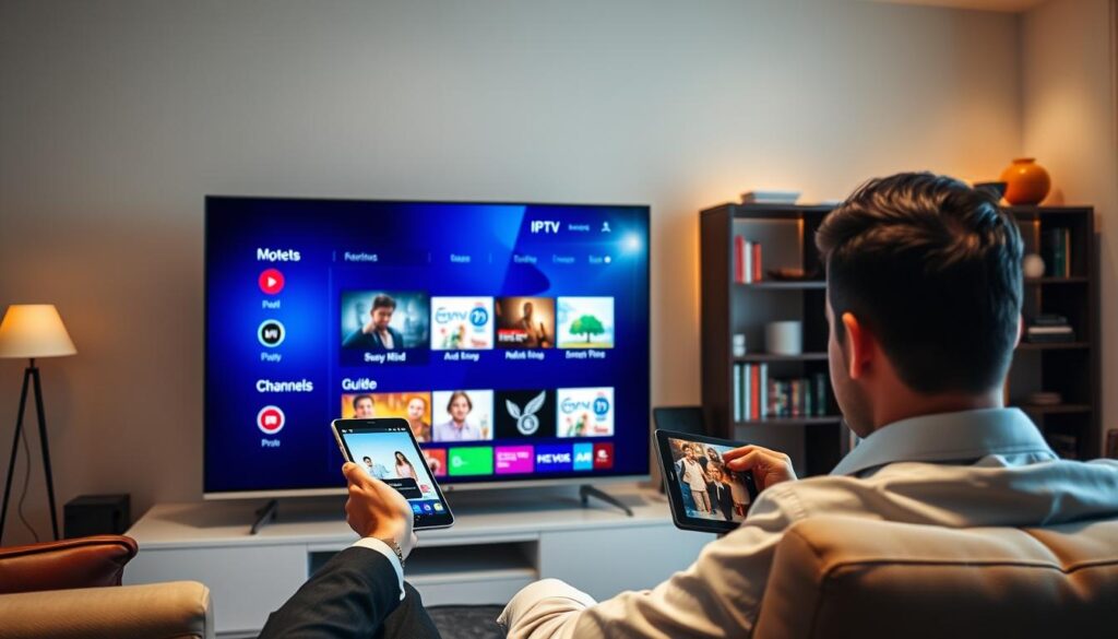A modern living room scene featuring a sleek television displaying an electronic program guide (EPG) interface, showcasing various IPTV channels. In the foreground, a person in professional attire interacts with a tablet, selecting channels while seated comfortably. The middle of the image highlights the television, which is vibrant and detailed, showing colorful program thumbnails and a clean layout of EPG options. In the background, a stylish bookshelf and cozy lighting create a warm atmosphere, suggesting a relaxed but tech-savvy environment. The lighting is soft, emphasizing the technology while maintaining a homely feel. Use a wide-angle lens perspective to capture both the person and the TV in detail, showcasing the integration of technology into daily life. A modern living room scene featuring a sleek television displaying an electronic program guide (EPG) interface, showcasing various IPTV channels. In the foreground, a person in professional attire interacts with a tablet, selecting channels while seated comfortably. The middle of the image highlights the television, which is vibrant and detailed, showing colorful program thumbnails and a clean layout of EPG options. In the background, a stylish bookshelf and cozy lighting create a warm atmosphere, suggesting a relaxed but tech-savvy environment. The lighting is soft, emphasizing the technology while maintaining a homely feel. Use a wide-angle lens perspective to capture both the person and the TV in detail, showcasing the integration of technology into daily life.